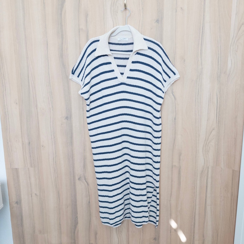 Easy Clothes Knit Sweater Midi Dress XL Cream Blue Striped Italy Preppy Nautical